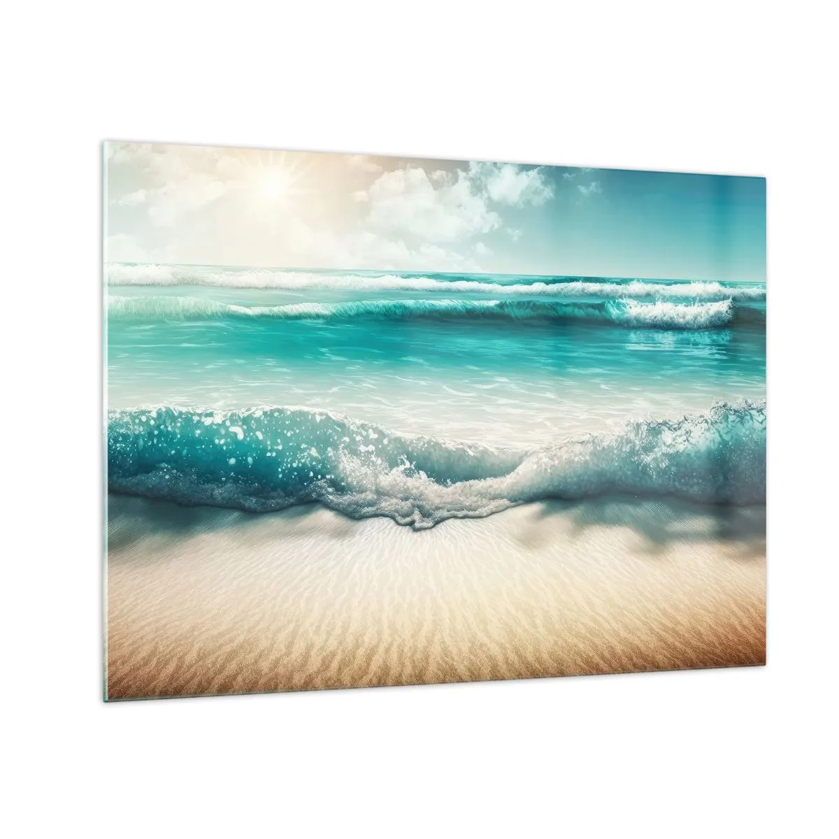 Quadro em vidro - Ondas turquesas do oceano batendo contra uma praia de areia - 70x50cm - A paz do oceano - Decoração de parede moderna para a sala de estar e quarto ARTTOR