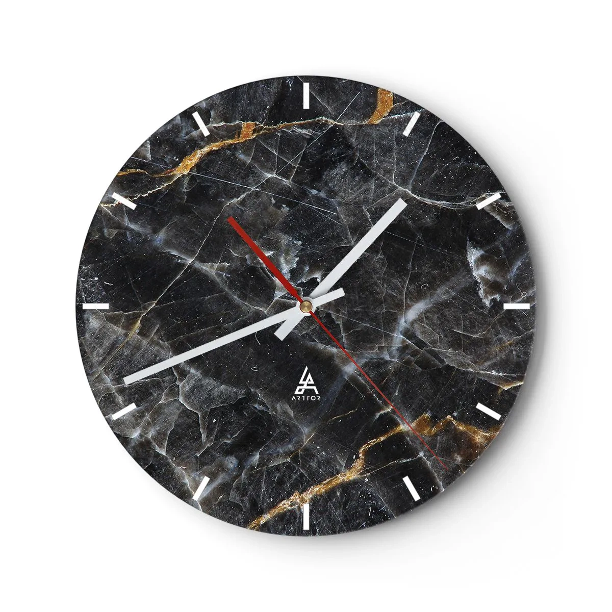 Relógio de parede - Relógio em vidro - Estrutura em mármore preto com veios claros e dourados - 30x30cm - A vida interior da pedra - Decoração de parede moderna para a sala de estar, cozinha e quarto ARTTOR