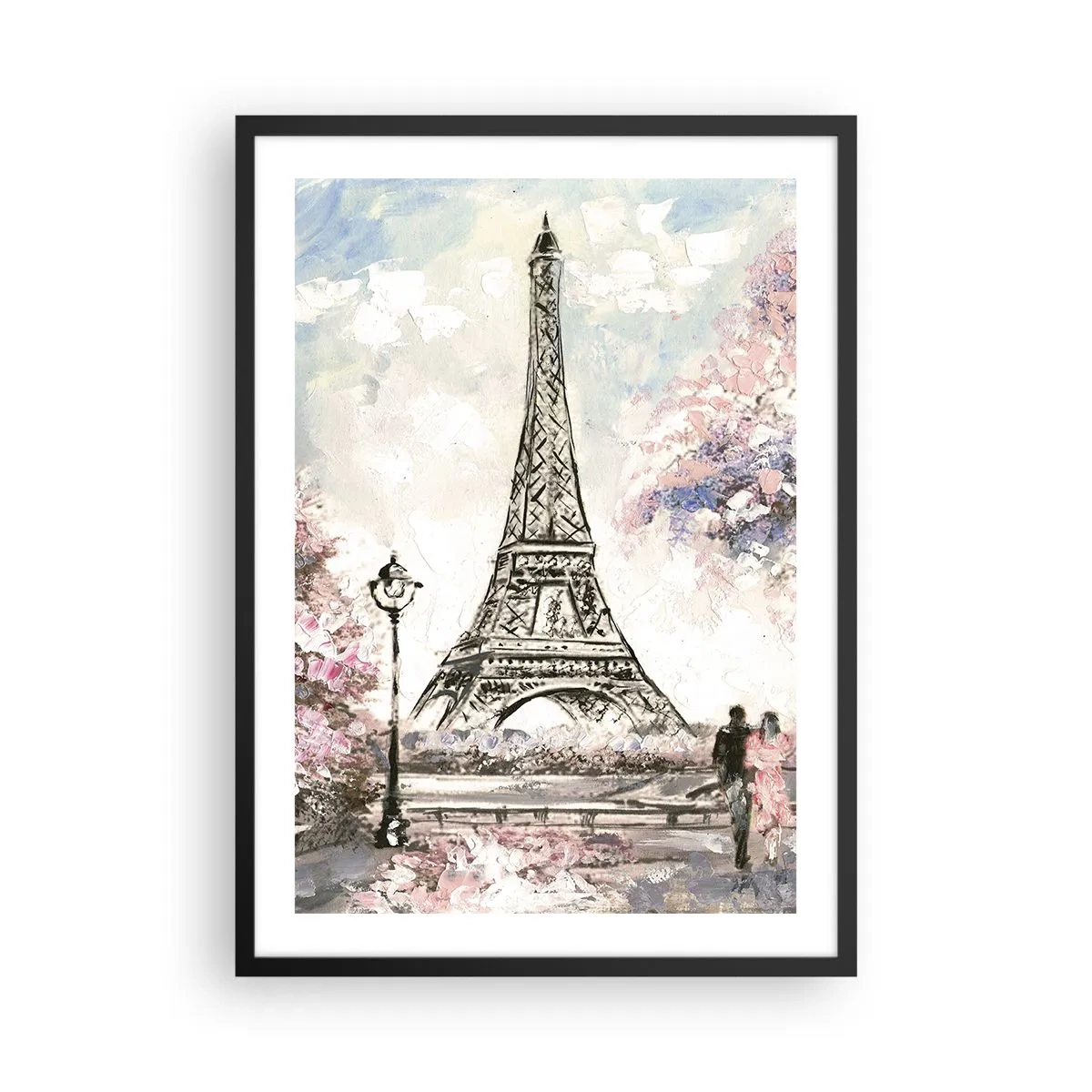 Pôster com moldura preta - A Torre Eiffel com uma paisagem romântica em tons pastel - 50x70cm - Caminhada de abril por Paris - Decoração de parede moderna para a sala de estar e quarto ARTTOR