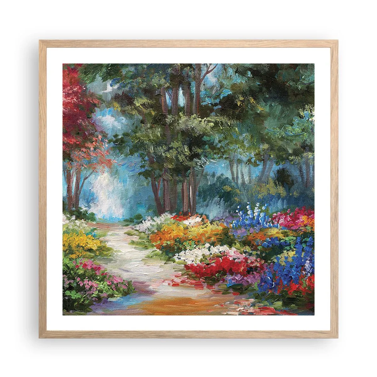 Pôster com moldura de carvalho claro - Jardim florestal, floresta florida - 60x60 cm
