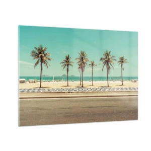 Quadro em vidro - Palmeiras no calçadão com a praia e o oceano ao fundo - 70x50cm - Em guarda da praia - Decoração de parede moderna para a sala de estar e quarto ARTTOR