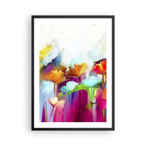 Pôster com moldura preta - Flores abstratas em cores intensas sobre fundo branco - 50x70cm - O arco-íris floresceu - Decoração de parede moderna para a sala de estar e quarto ARTTOR