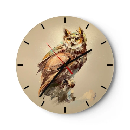 Relógio de parede - Relógio em vidro - Retrato artístico de uma coruja em um fundo bege - 30x30cm - A coruja mais inteligente - a floresta confirma - Decoração de parede moderna para a sala de estar, cozinha e quarto ARTTOR
