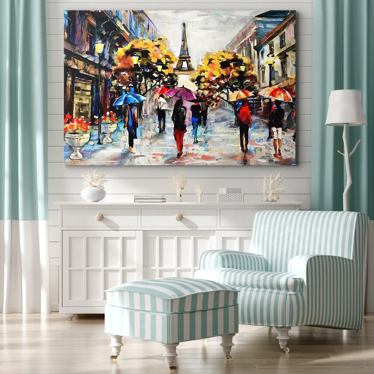 Quadro em tela - Um passeio de outono em Paris com vista para a Torre Eiffel - 70x50cm - Especialmente bonita no outono - Decoração de parede moderna para a sala de estar e quarto ARTTOR