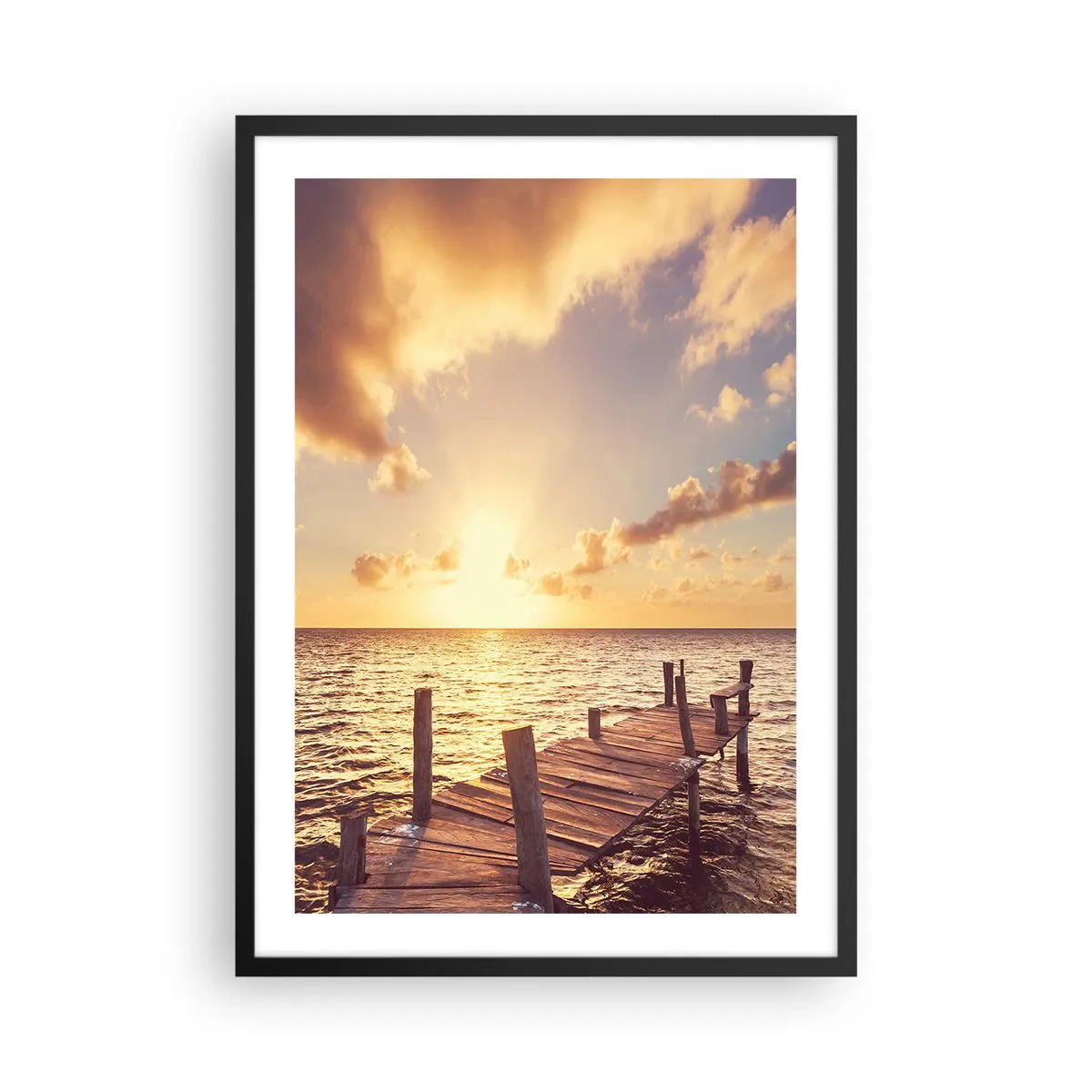 Pôster com moldura preta - Cais de madeira em frente ao mar ao pôr do sol - 50x70cm - A terra dourada da gentileza - Decoração de parede moderna para a sala de estar e quarto ARTTOR