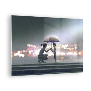 Quadro em vidro - Figuras na chuva com guarda-chuvas contra o fundo de luzes noturnas - 70x50cm - Está tudo bem agora - Decoração de parede moderna para a sala de estar e quarto ARTTOR