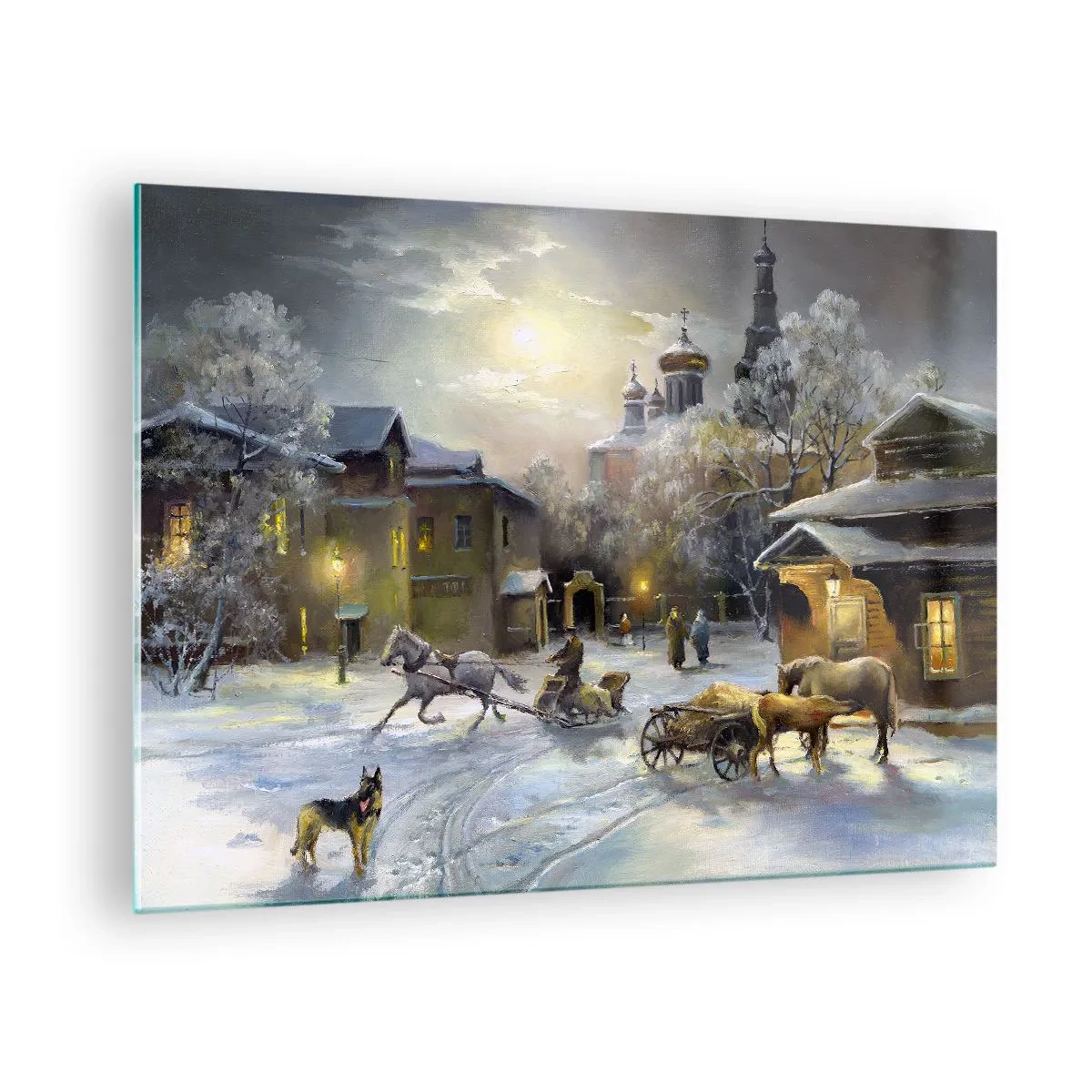 Quadro em vidro - Paisagem urbana de inverno iluminada pelo luar - 70x50cm - A magia do inverno russo - Decoração de parede moderna para a sala de estar e quarto ARTTOR