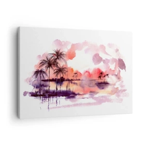 Quadro em tela - Paisagem tropical com palmeiras ao pôr do sol em aquarela - 70x50cm - A tranquilidade dos trópicos em vermelho - Decoração de parede moderna para a sala de estar e quarto ARTTOR