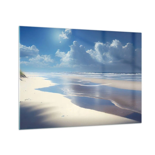Quadro em vidro - Uma ampla praia de areia e ondas calmas sob um céu azul - 70x50cm - Férias no paraíso - Decoração de parede moderna para a sala de estar e quarto ARTTOR