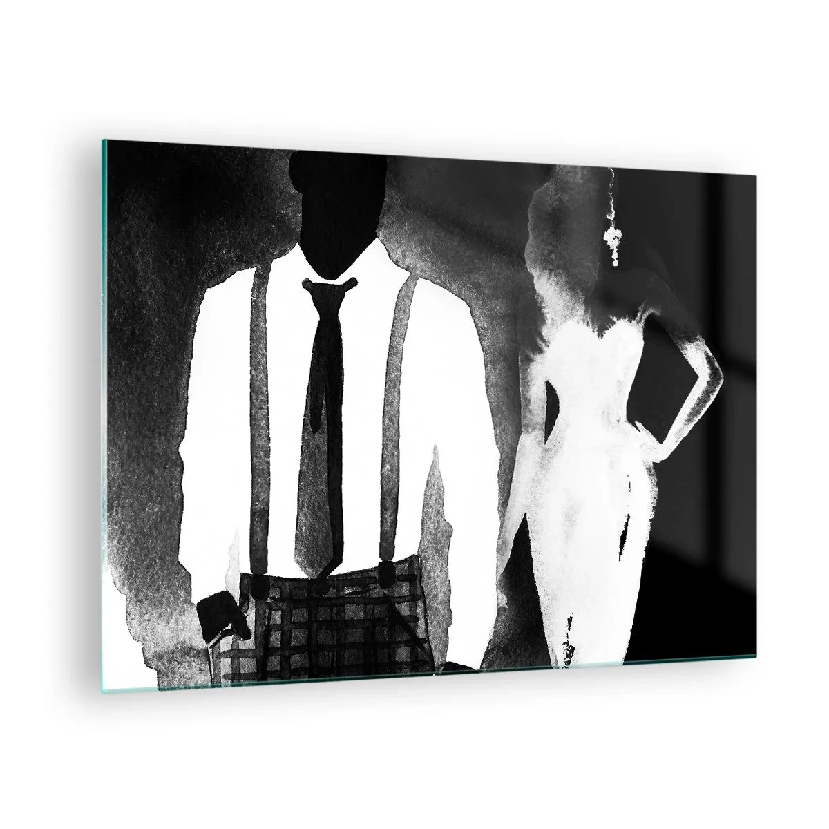 Quadro em vidro - Silhueta em preto e branco de um elegante casal noir - 70x50cm - Num clima noir - Decoração de parede moderna para a sala de estar e quarto ARTTOR