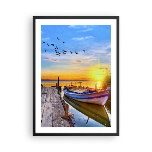 Pôster com moldura preta - Um barco em um lago ao pôr do sol com pássaros ao fundo - 50x70cm - Adeus, até amanhã - Decoração de parede moderna para a sala de estar e quarto ARTTOR
