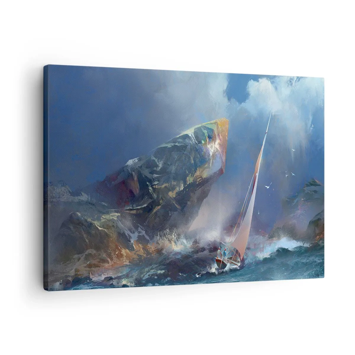 Quadro em tela - Um veleiro em uma tempestade ao pé de uma rocha enorme - 70x50cm - Quem tem coragem ganha - Decoração de parede moderna para a sala de estar e quarto ARTTOR