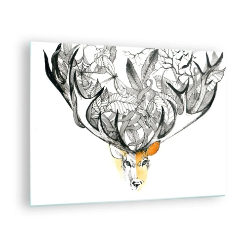 Quadro em vidro - Desenho de um veado com chifres extravagantes - 70x50cm - Chifres da abundância - Decoração de parede moderna para a sala de estar e quarto ARTTOR