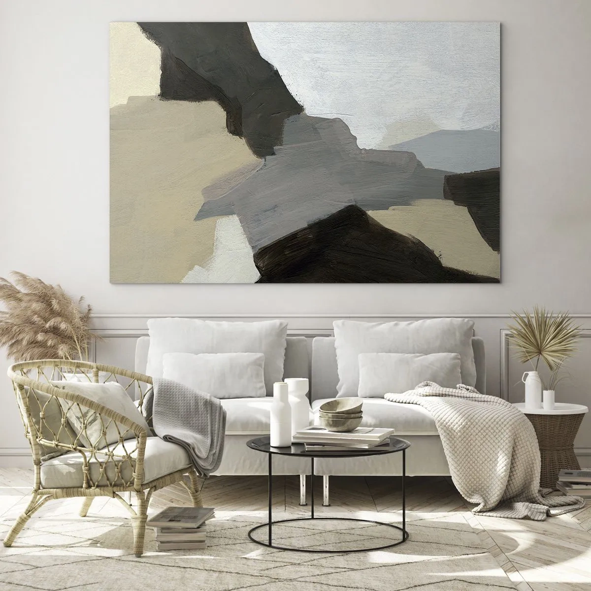 Quadro em vidro - Uma composição abstrata moderna em tons de cinza - 70x50cm - Abstração: a encruzilhada do cinza - Decoração de parede moderna para a sala de estar e quarto ARTTOR