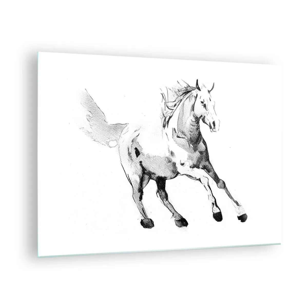 Quadro em vidro - Desenho em preto e branco de um cavalo galopando sobre um fundo branco - 70x50cm - Alma Indomável - Decoração de parede moderna para a sala de estar e quarto ARTTOR