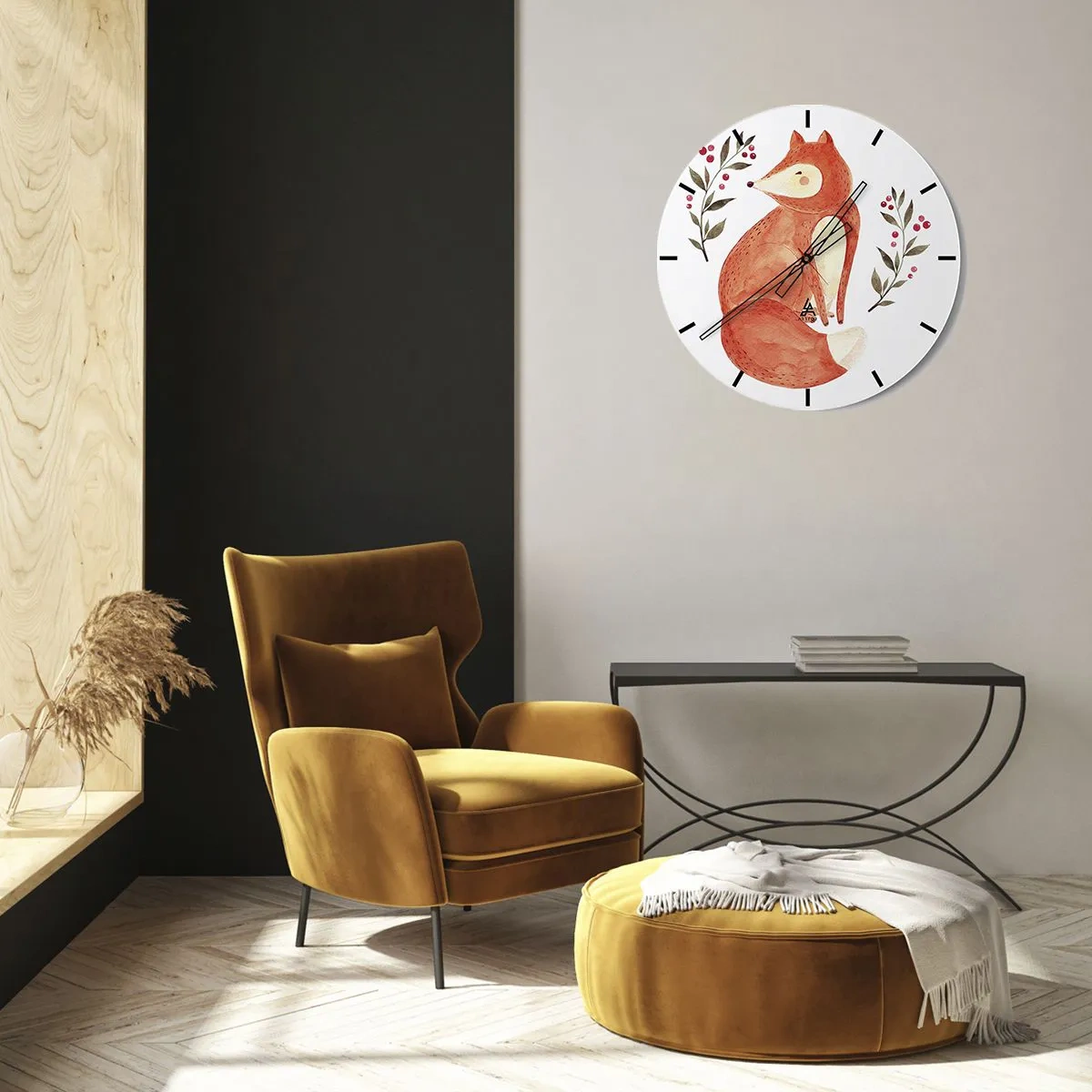 Relógio de parede - Relógio em vidro - Ilustração de uma raposa vermelha cercada por galhos com frutas - 30x30cm - Pequeno ruivo - Decoração de parede moderna para a sala de estar, cozinha e quarto ARTTOR