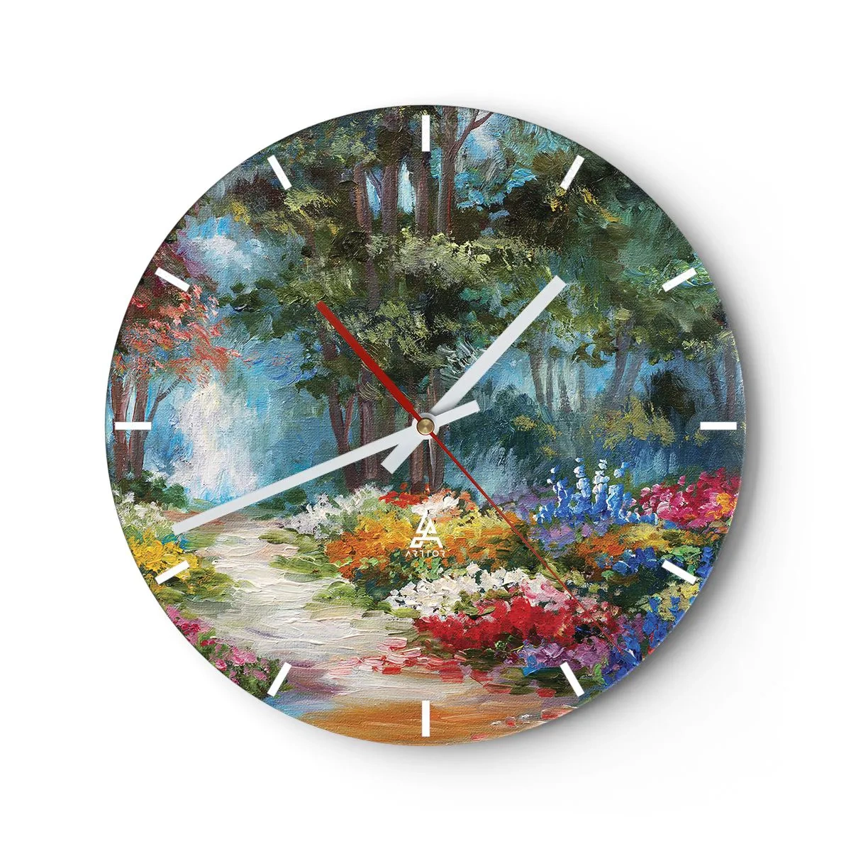 Relógio de parede - Relógio em vidro - Um jardim colorido com flores e árvores ao fundo - 30x30cm - Jardim florestal, floresta florida - Decoração de parede moderna para a sala de estar, cozinha e quarto ARTTOR
