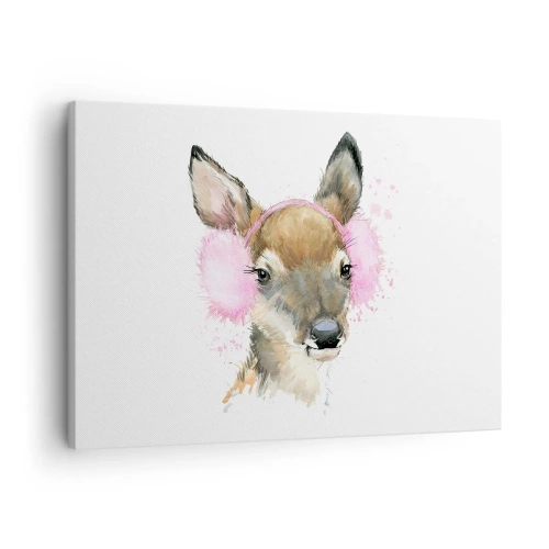 Quadro em tela - Veado em aquarela com protetores de ouvido rosa - 70x50cm - E o frio já não é assustador - Decoração de parede moderna para a sala de estar e quarto ARTTOR
