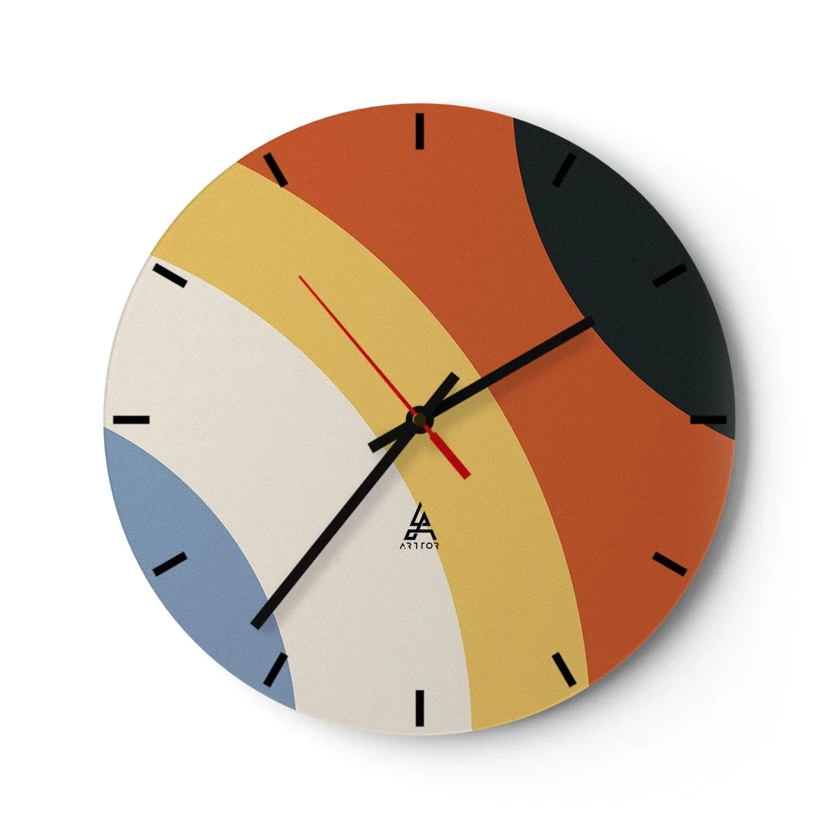 Relógio de parede - Relógio em vidro - Arcos geométricos em tons de laranja, bege e azul - 30x30cm - Um para o outro - Decoração de parede moderna para a sala de estar, cozinha e quarto ARTTOR