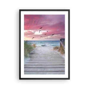 Pôster com moldura preta - Caminho de madeira na praia com vista para o mar ao pôr do sol - 50x70cm - Impressão do Báltico - Decoração de parede moderna para a sala de estar e quarto ARTTOR