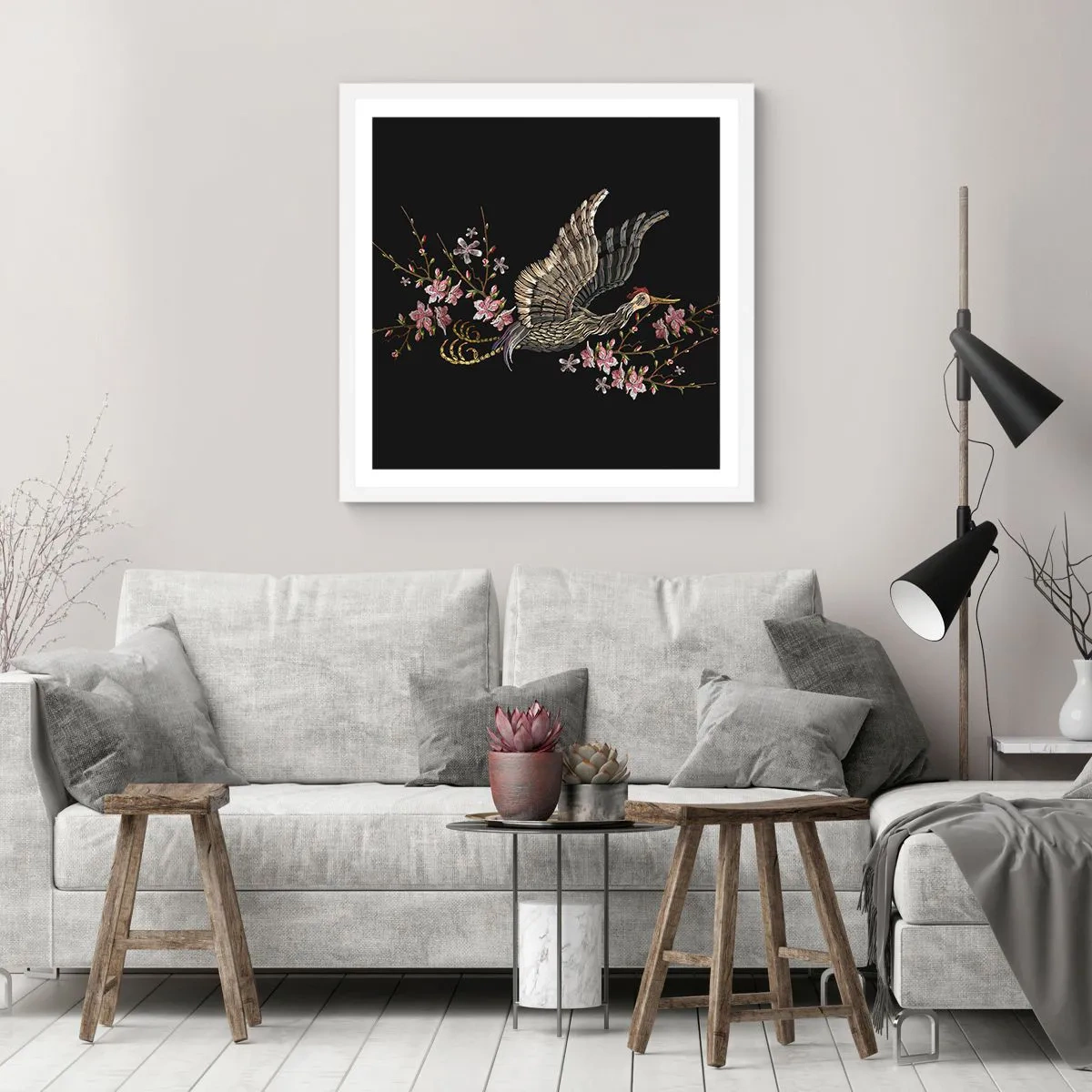 Pôster em moldura branca - Pássaro exótico e bordado - 60x60 cm