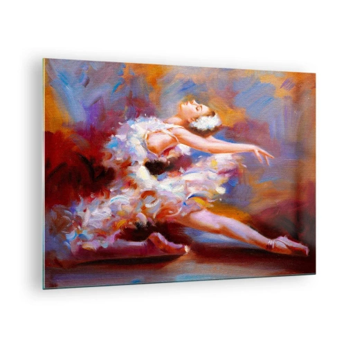 Quadro em vidro - Uma bailarina em pose dinâmica contra um fundo de cores abstratas. - 70x50cm - A graça do cisne - Decoração de parede moderna para a sala de estar e quarto ARTTOR