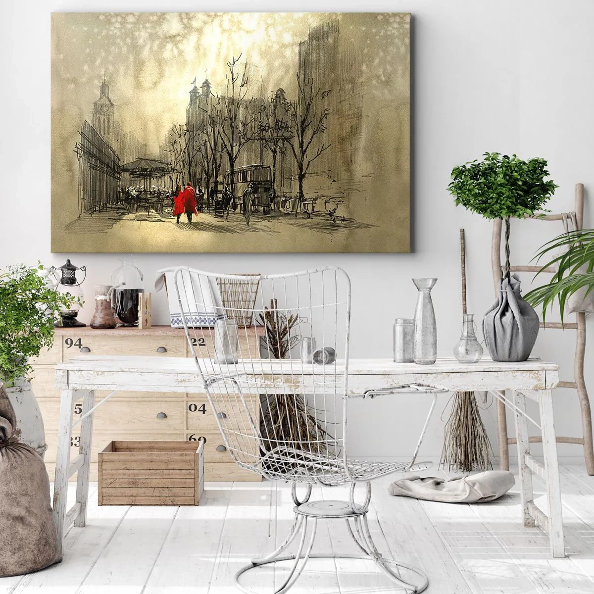 Quadro em tela - Uma figura vermelha em um cenário urbano nostálgico - 70x50cm - Um encontro no nevoeiro londrino - Decoração de parede moderna para a sala de estar e quarto ARTTOR
