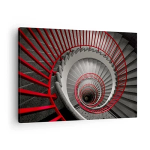 Quadro em tela - Escada em espiral com corrimãos vermelhos em uma perspectiva dinâmica - 70x50cm - Diversão de arquitetura - Decoração de parede moderna para a sala de estar e quarto ARTTOR