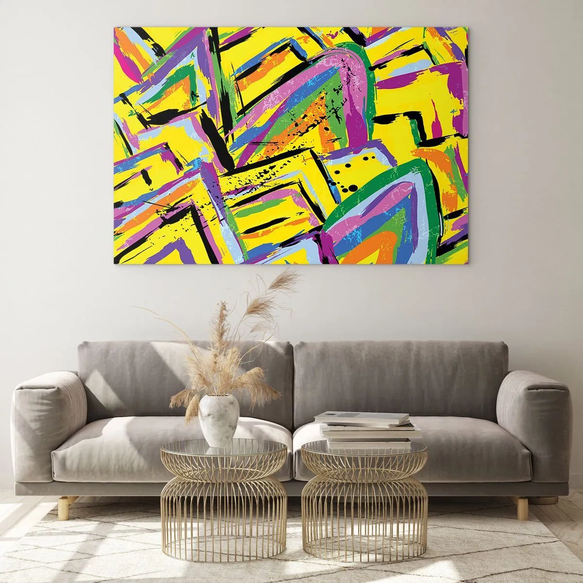 Quadro em vidro - Abstração intensa em cores brilhantes sobre fundo amarelo - 70x50cm - Grito de alegria - Decoração de parede moderna para a sala de estar e quarto ARTTOR