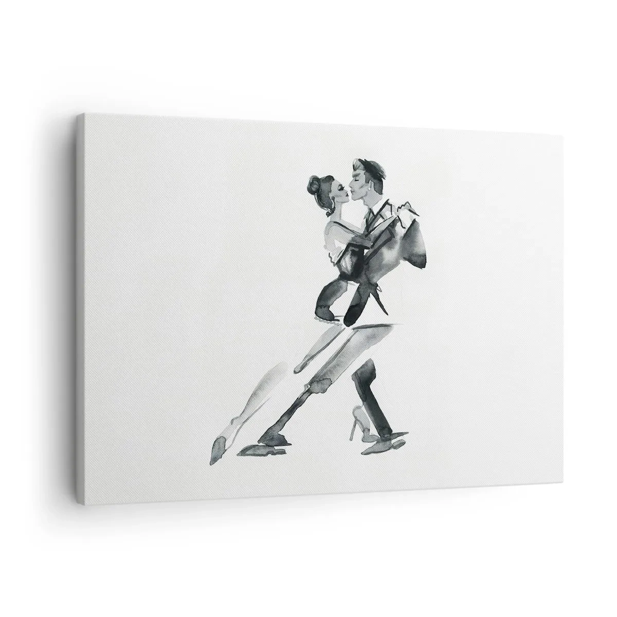 Quadro em tela - Uma ilustração sutil de um casal dançando em estilo monocromático. - 70x50cm - Num só ritmo - Decoração de parede moderna para a sala de estar e quarto ARTTOR