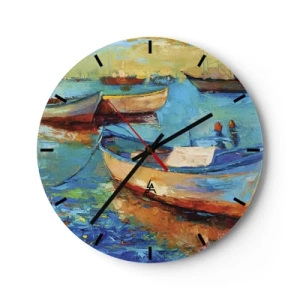 Relógio de parede - Relógio em vidro - Barcos coloridos em águas calmas - 30x30cm - Na baía do sul - Decoração de parede moderna para a sala de estar, cozinha e quarto ARTTOR