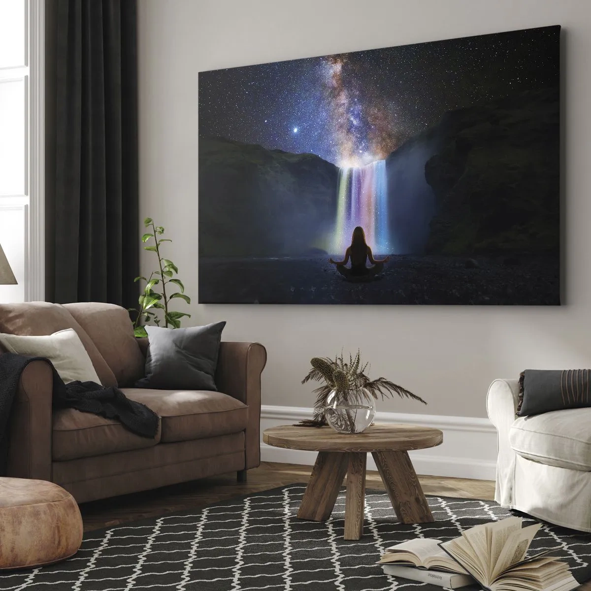 Quadro em tela - Meditação em frente a uma cachoeira entre as estrelas - 70x50cm - Harmonia absoluta - Decoração de parede moderna para a sala de estar e quarto ARTTOR