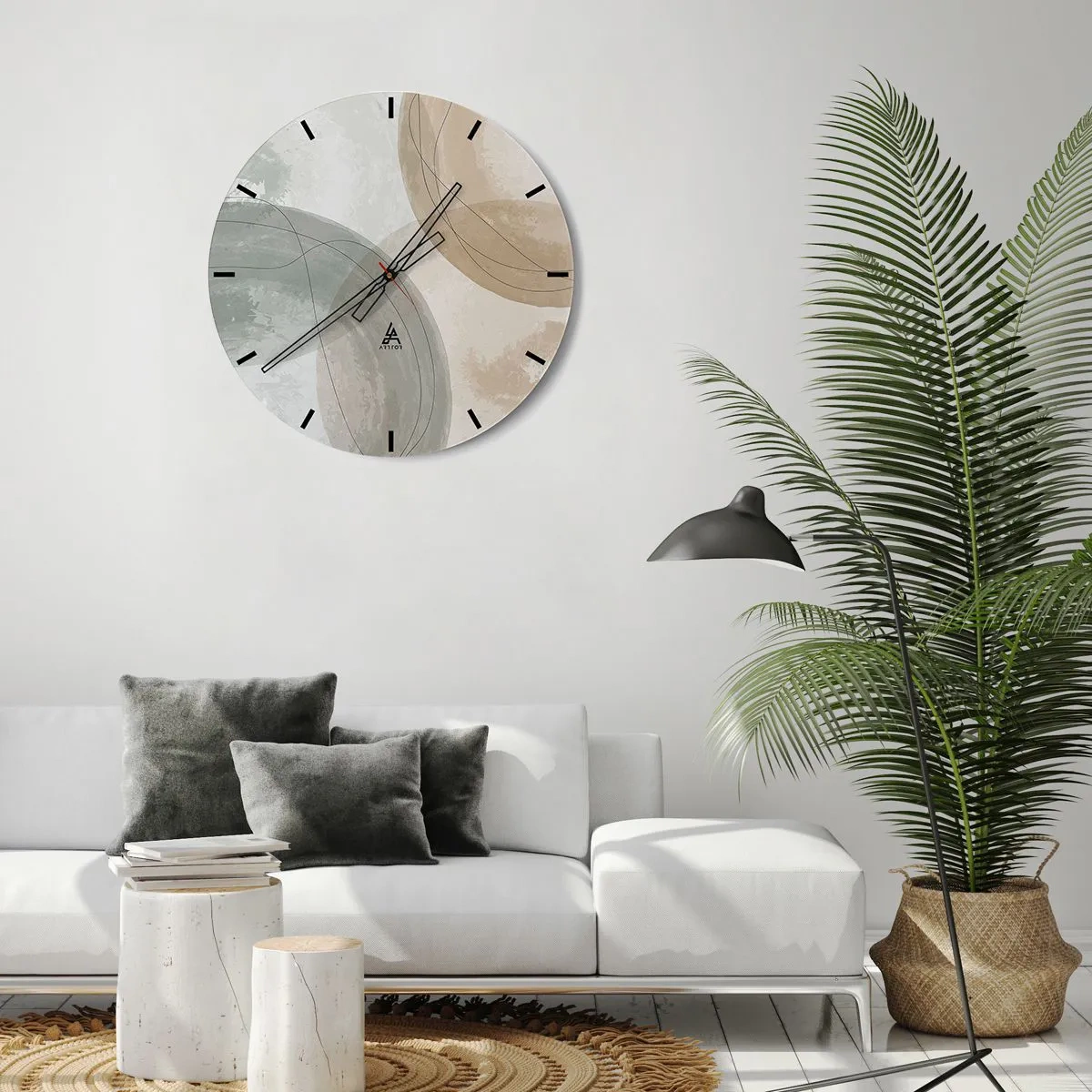 Relógio de parede - Relógio em vidro - Formas abstratas interpenetrantes em tons de bege - 30x30cm - Difusão de Mundos - Decoração de parede moderna para a sala de estar, cozinha e quarto ARTTOR