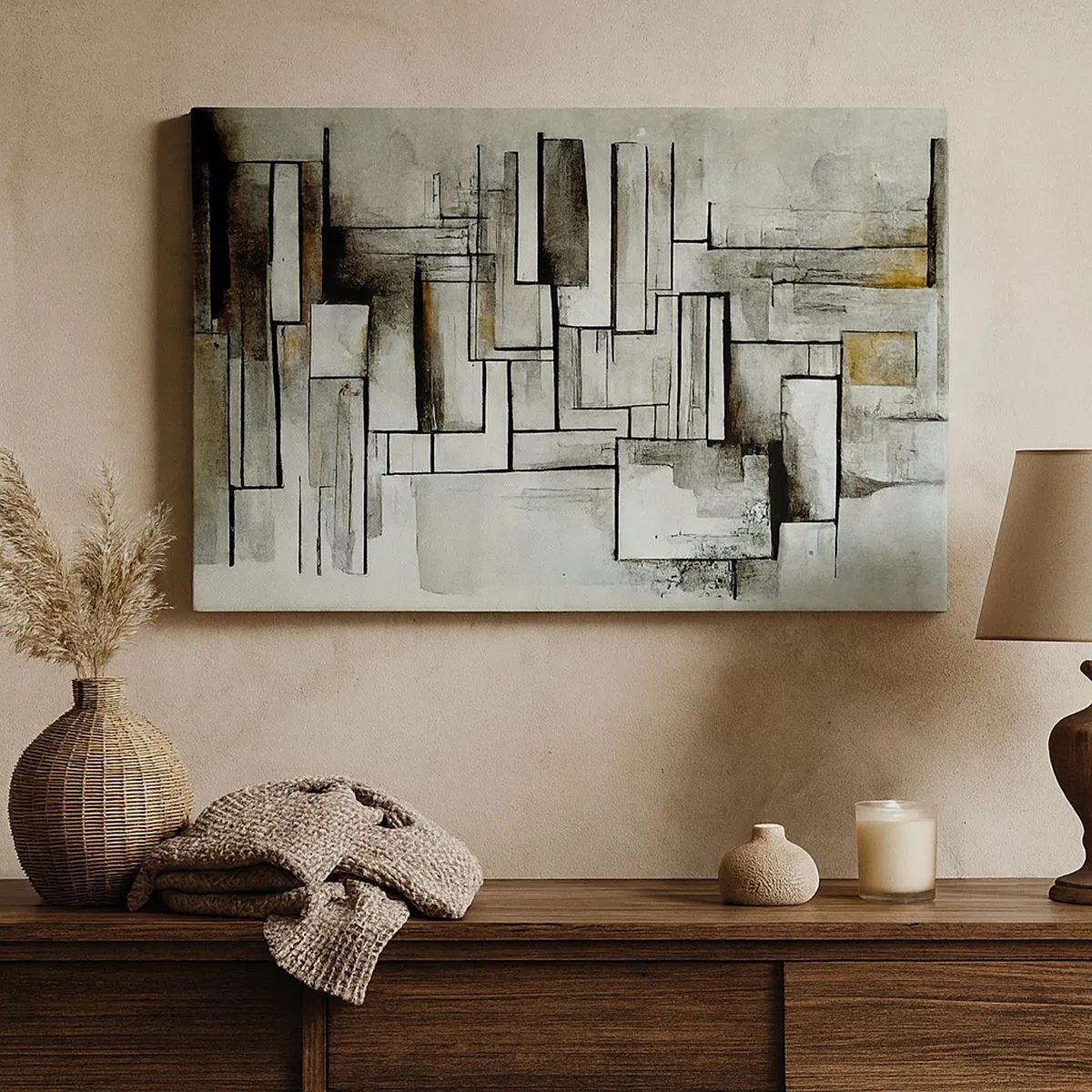 Quadro em tela - Retângulos abstratos em tons de cinza e preto - 70x50cm - O poder da simplicidade - Decoração de parede moderna para a sala de estar e quarto ARTTOR
