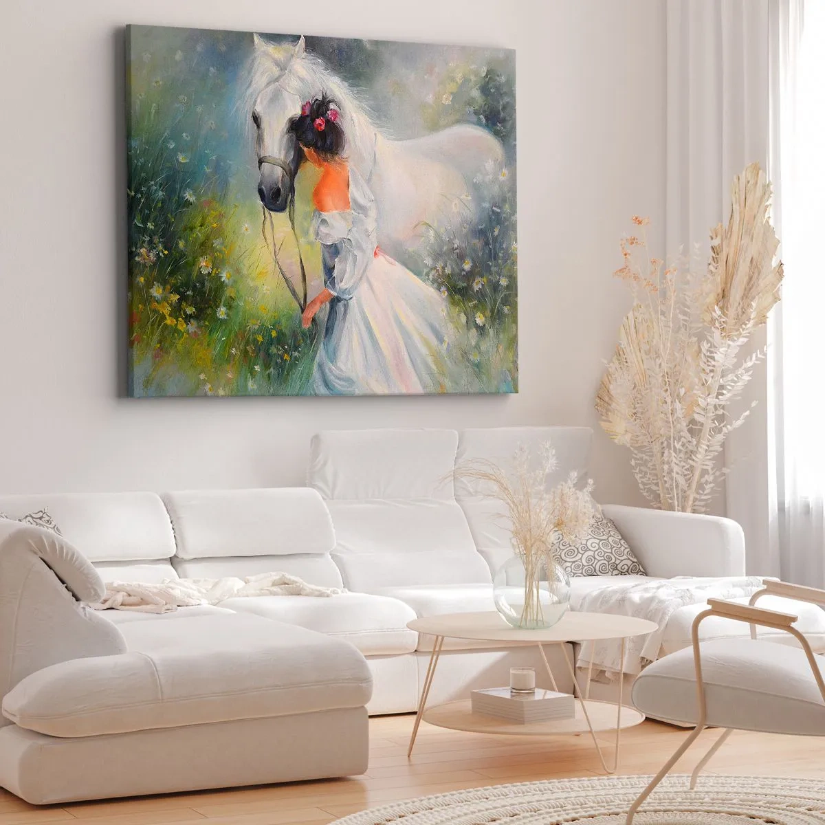 Quadro em tela - Uma mulher com um cavalo branco em um cenário pitoresco - 70x50cm - Como um belo sonho - Decoração de parede moderna para a sala de estar e quarto ARTTOR