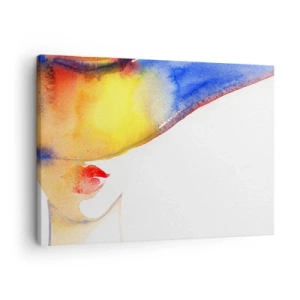 Quadro em tela - Uma pintura minimalista em aquarela do perfil de uma mulher com um chapéu colorido. - 70x50cm - Retrato de uma dama    - Decoração de parede moderna para a sala de estar e quarto ARTTOR