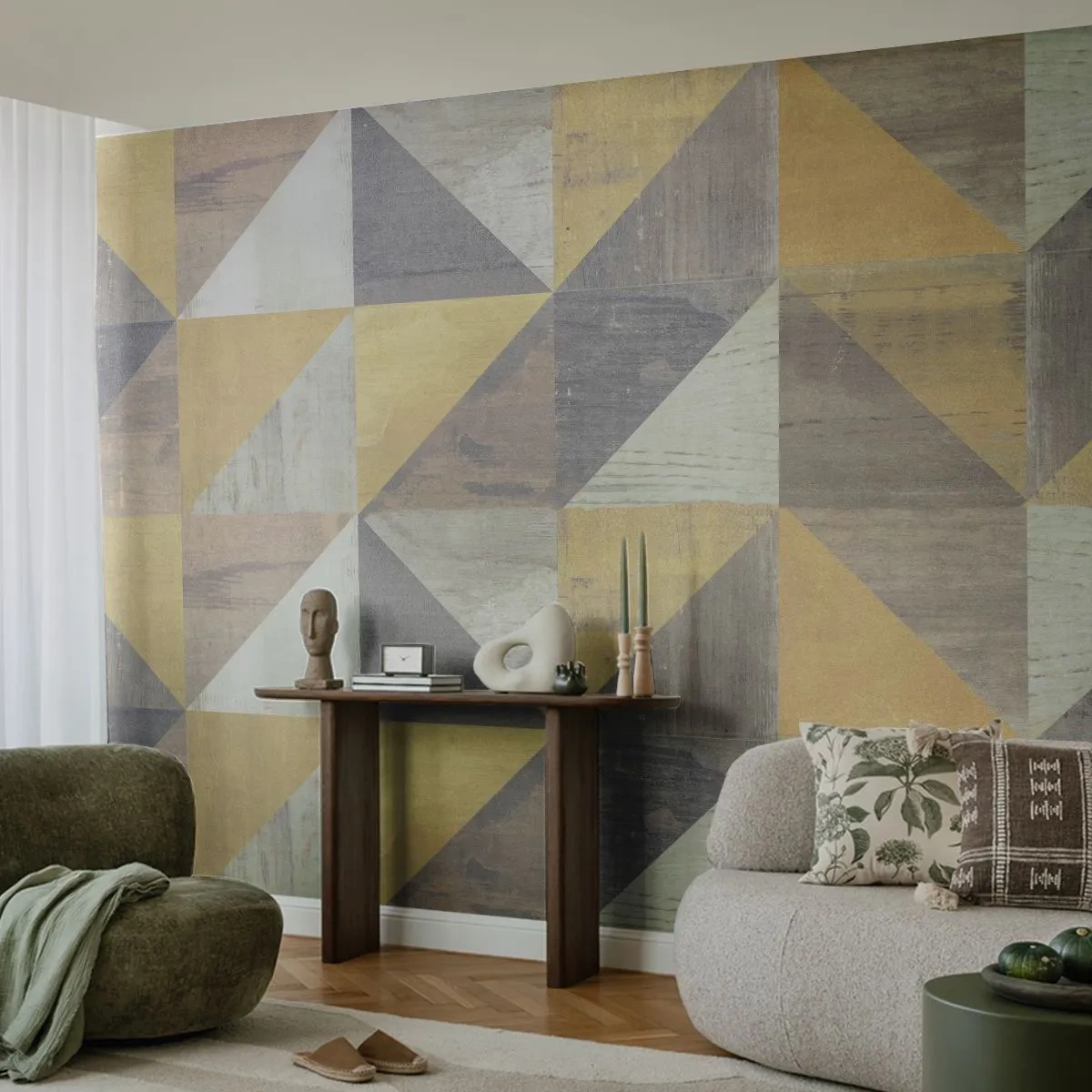 Papel de Parede Premium Sand - Em ângulo com um triângulo - Abstração, Pedaço, Triângulos - 400x280 cm