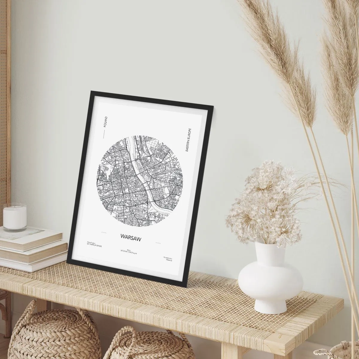 Pôster com moldura preta - Mapa minimalista de Varsóvia em um círculo - 50x70cm - Anatomia de Varsóvia - Decoração de parede moderna para a sala de estar e quarto ARTTOR