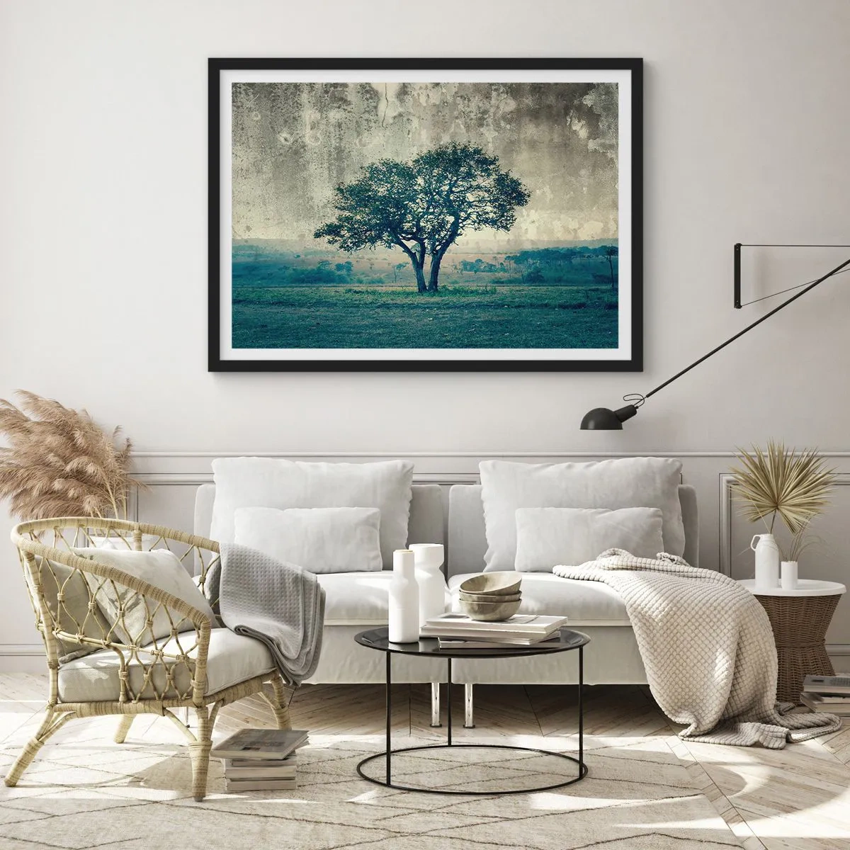 Pôster com moldura preta - Uma macieira num prado azul? - 70x50 cm