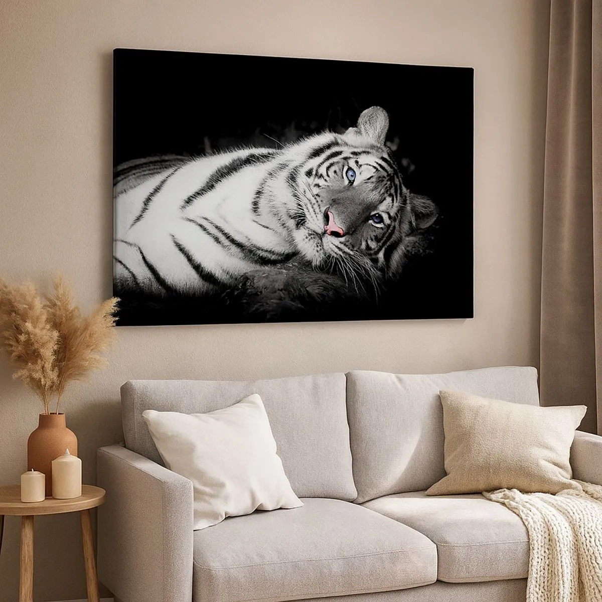 Quadro em tela - Um tigre branco artisticamente representado sobre um fundo preto - 70x50cm - Selvagem e tranquilo - Decoração de parede moderna para a sala de estar e quarto ARTTOR