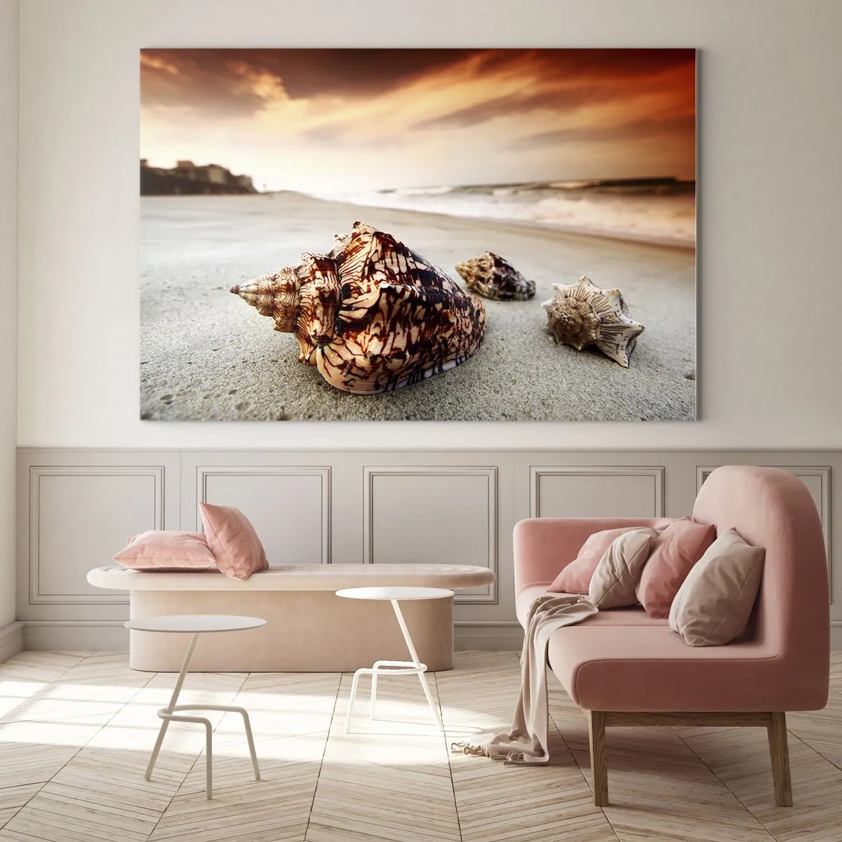 Quadro em vidro - Conchas na praia ao pôr do sol - 70x50cm - Expulso pelas ondas - Decoração de parede moderna para a sala de estar e quarto ARTTOR