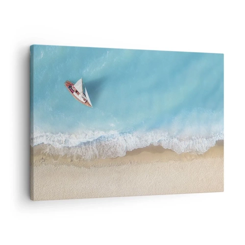 Quadro em tela - Uma vista aérea de um barco na praia - 70x50cm - No limite do azul e do ouro - Decoração de parede moderna para a sala de estar e quarto ARTTOR
