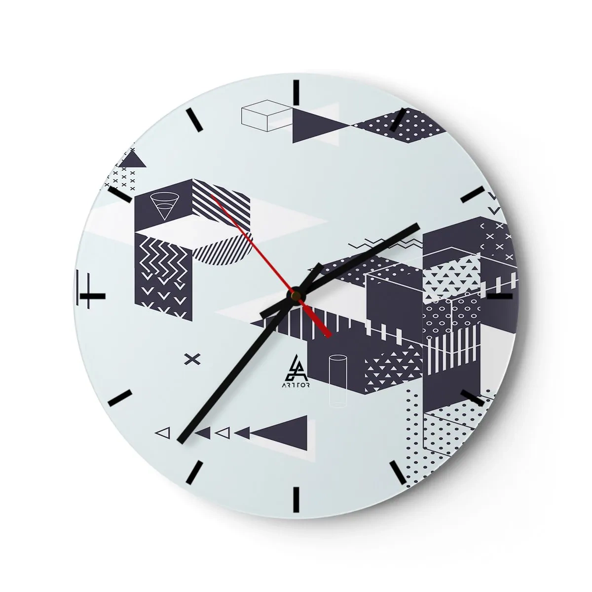 Relógio de parede - Relógio em vidro - Padrões geométricos em preto e branco - 30x30cm - Na alma de um matemático - Decoração de parede moderna para a sala de estar, cozinha e quarto ARTTOR