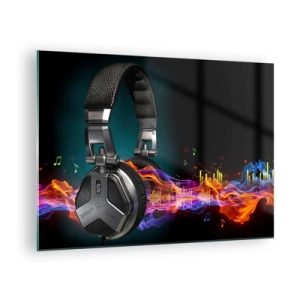 Quadro em vidro - Fones de ouvido de DJ com ondas sonoras coloridas e notas musicais - 70x50cm - No fogo da música - Decoração de parede moderna para a sala de estar e quarto ARTTOR