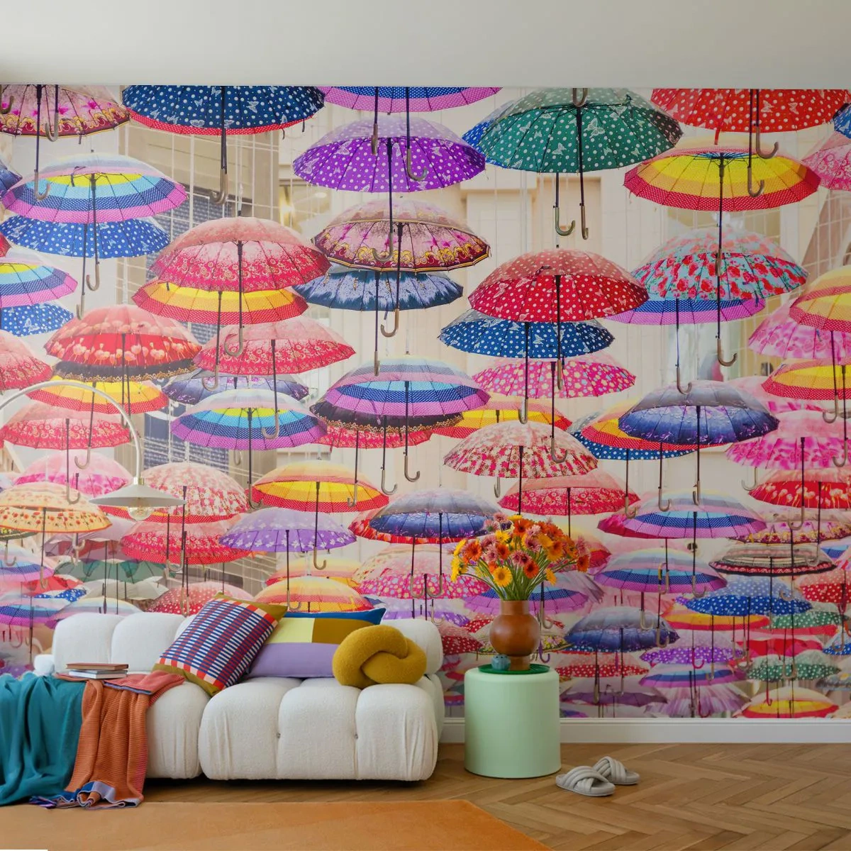 Papel de Parede Premium Sand - Prado urbano - Cidade, Guarda-chuvas coloridos, Pedaço - 250x175 cm