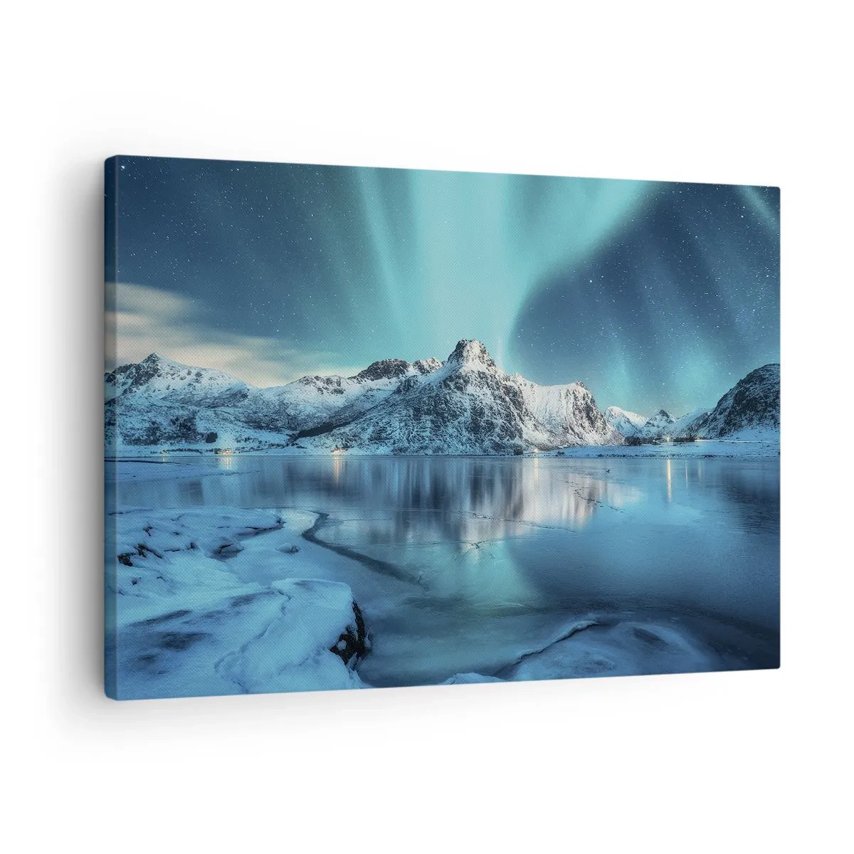 Quadro em tela - Aurora Boreal sobre montanhas cobertas de neve e um lago - 70x50cm - Noite de Luz - Decoração de parede moderna para a sala de estar e quarto ARTTOR
