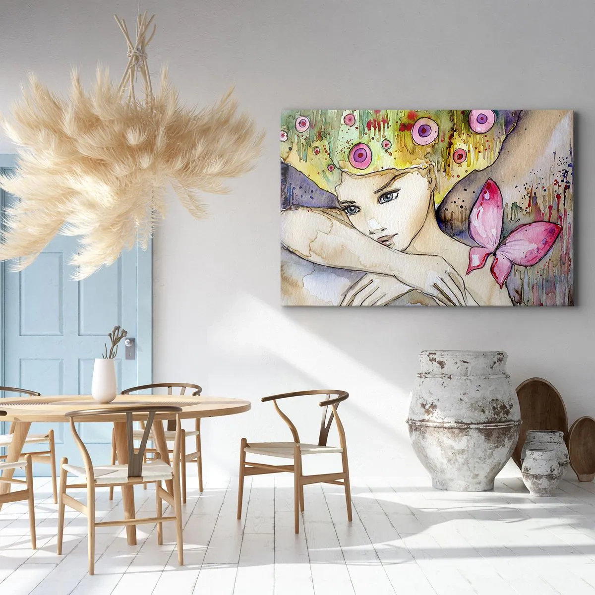 Quadro em tela - Uma mulher com um penteado abstrato e uma borboleta rosa - 70x50cm - Princesa borboleta - Decoração de parede moderna para a sala de estar e quarto ARTTOR