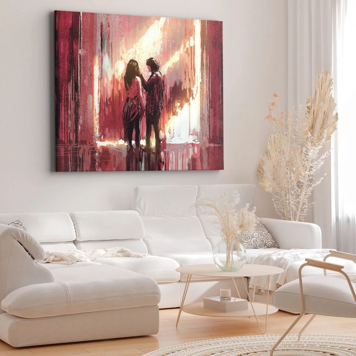 Quadro em tela - Um casal em pé sob uma luz quente contra um fundo de padrões abstratos. - 70x50cm - O eterno espetáculo do amor - Decoração de parede moderna para a sala de estar e quarto ARTTOR