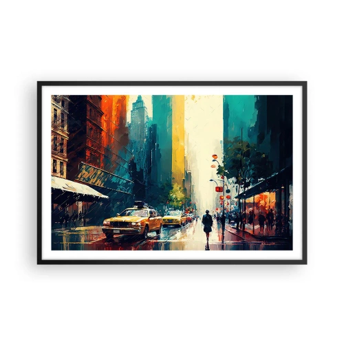 Pôster com moldura preta - Nova York – até a chuva é colorida aqui - 91x61 cm