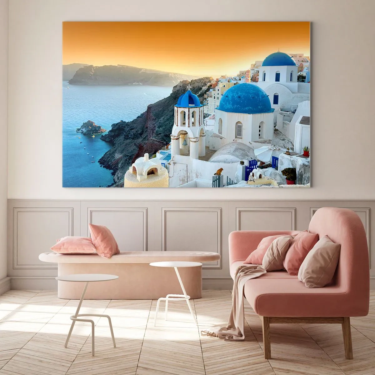 Quadro em vidro - Vista de Santorini com suas cúpulas azuis e penhascos - 70x50cm - Santorini - abraçada às rochas - Decoração de parede moderna para a sala de estar e quarto ARTTOR